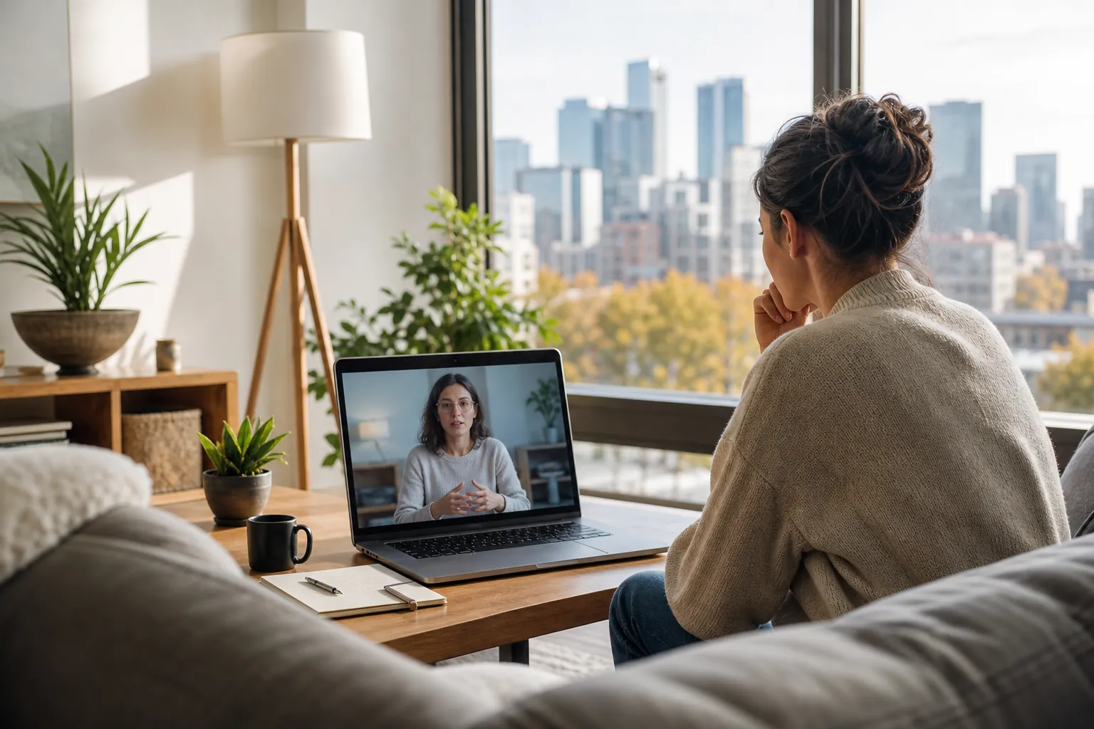 Woman Attending a Video Session From Home A woman sits on a sofa facing a laptop showing another woman on a video call, with a city skyline beyond the window.