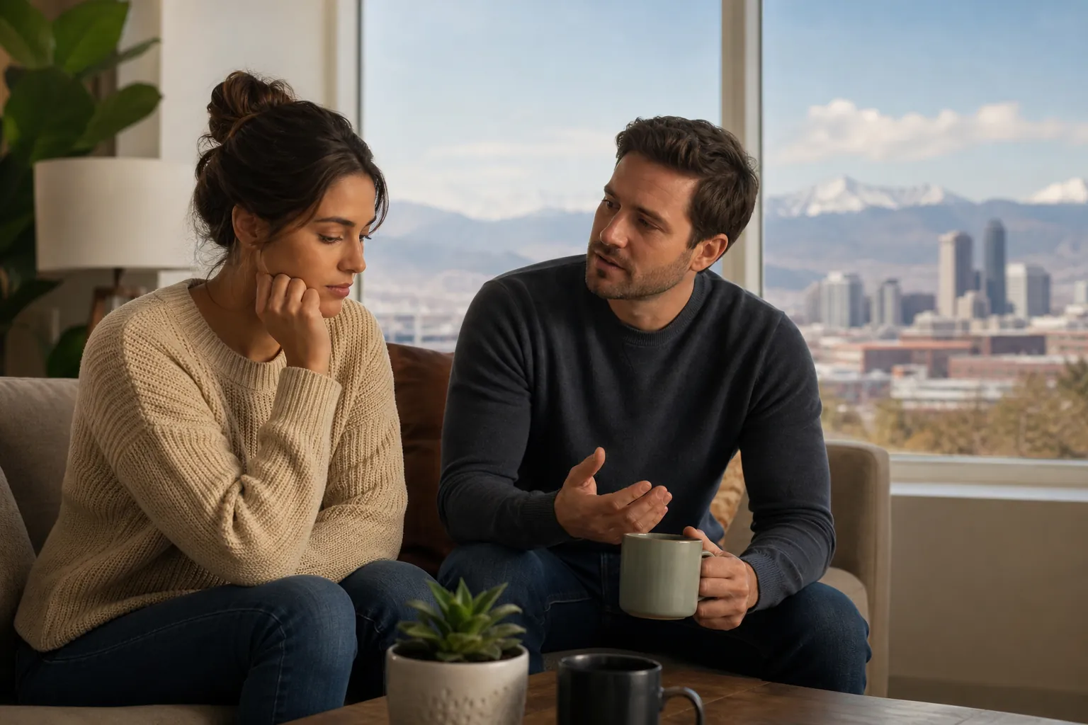 Man Talking With a Pensive Woman on a Sofa A man holding a mug gestures toward a pensive woman on a sofa, with a city skyline and snowy mountains outside.