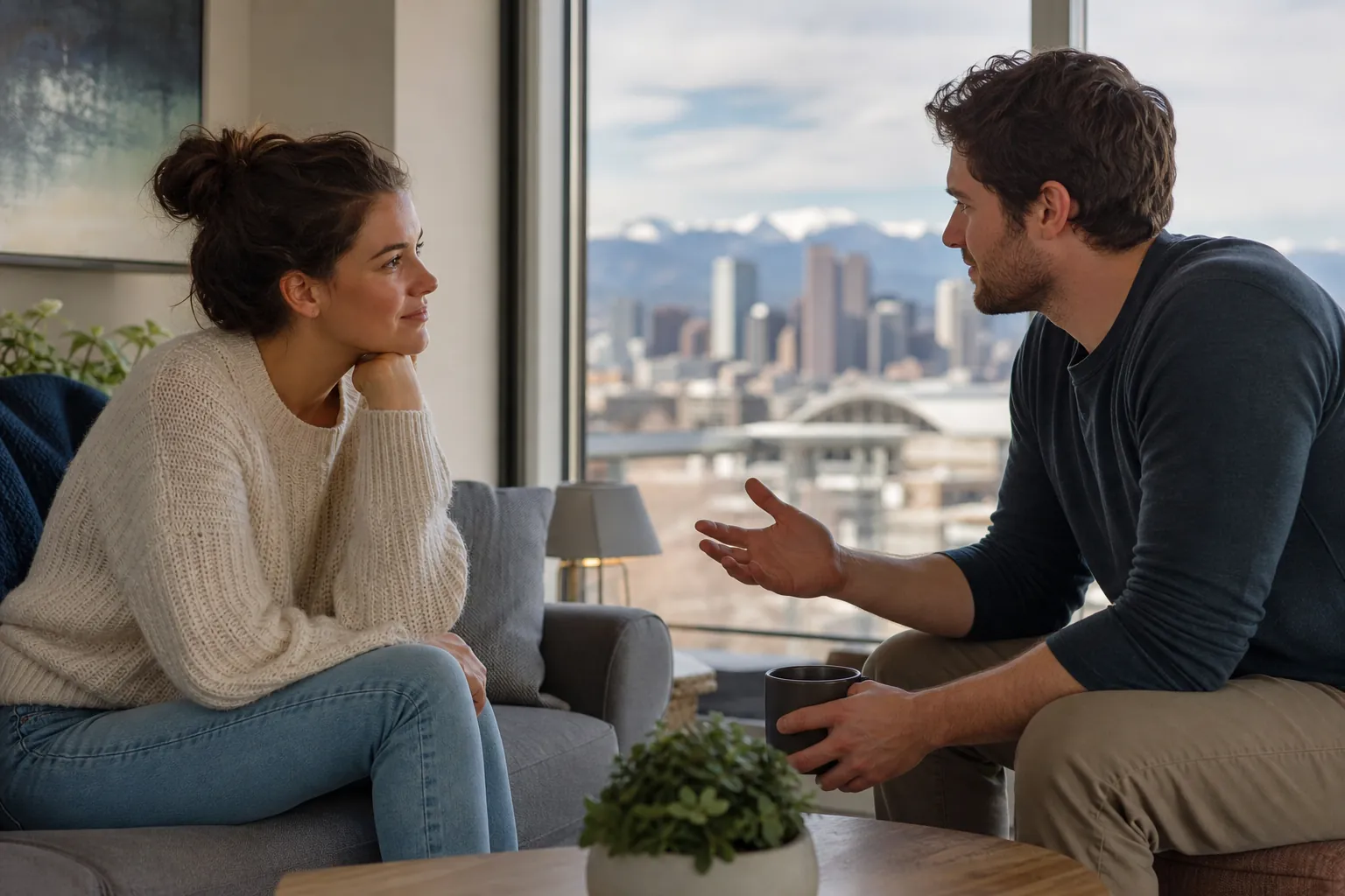 Relaxed Conversation Beside a City View Window A woman listens to a man gesturing with an open hand and holding a mug beside a window overlooking a city and mountains.