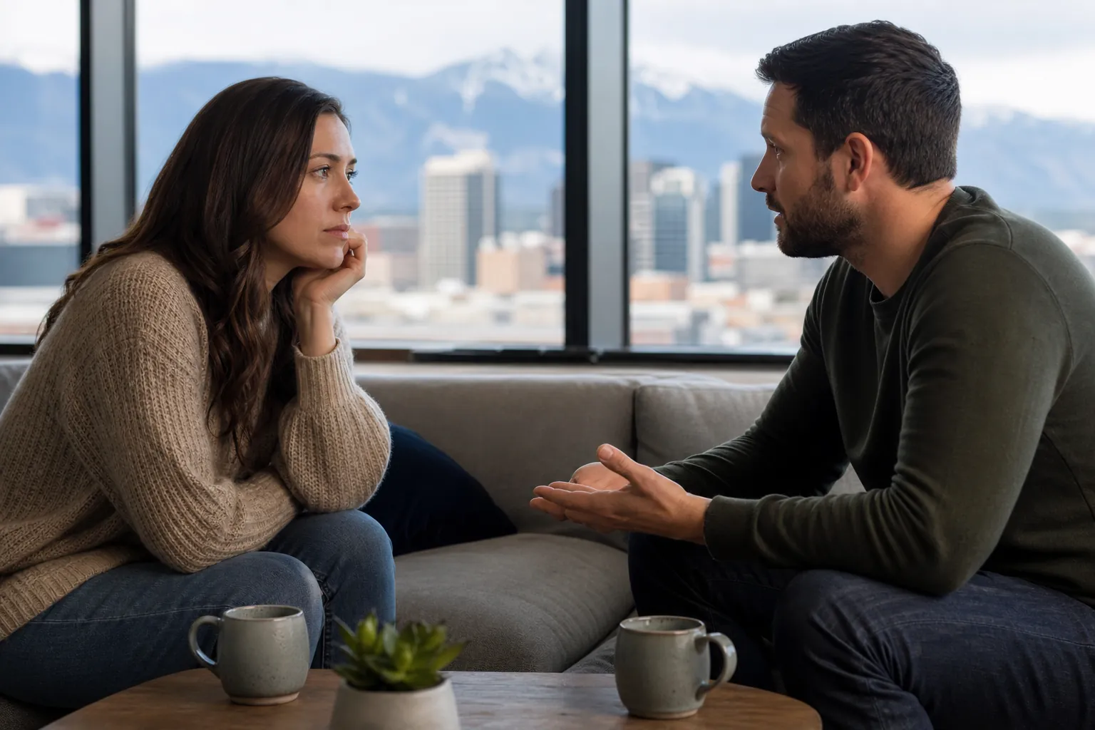 A Seated Conversation With Open-Handed Gestures A woman rests her chin on her hand while a man gestures with open palms on a sofa, with a city and mountains behind them.