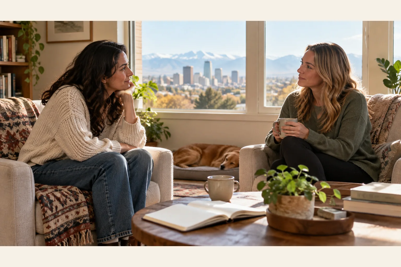Two Women Talking in a Cozy Living Room Two women sit facing each other in armchairs, one holding a mug, with a sleeping dog and a city skyline beyond the windows.