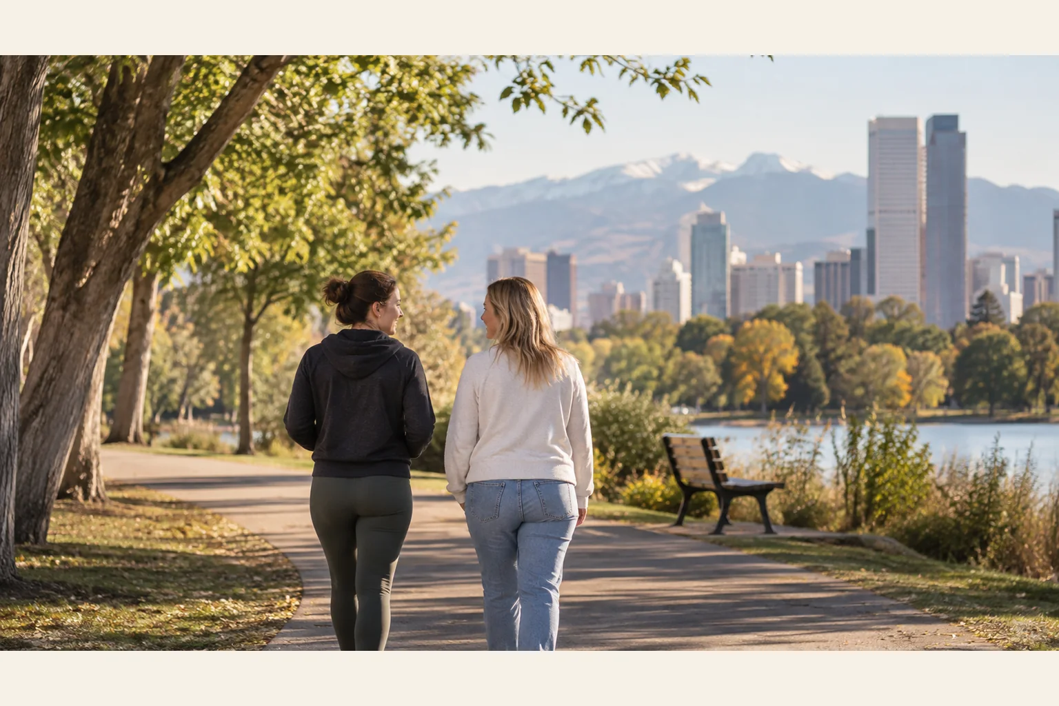 Two Women Walking Together on a Lakeside Path Two women walk together on a tree-lined lakeside path, with a bench, city skyline and mountains in the background.
