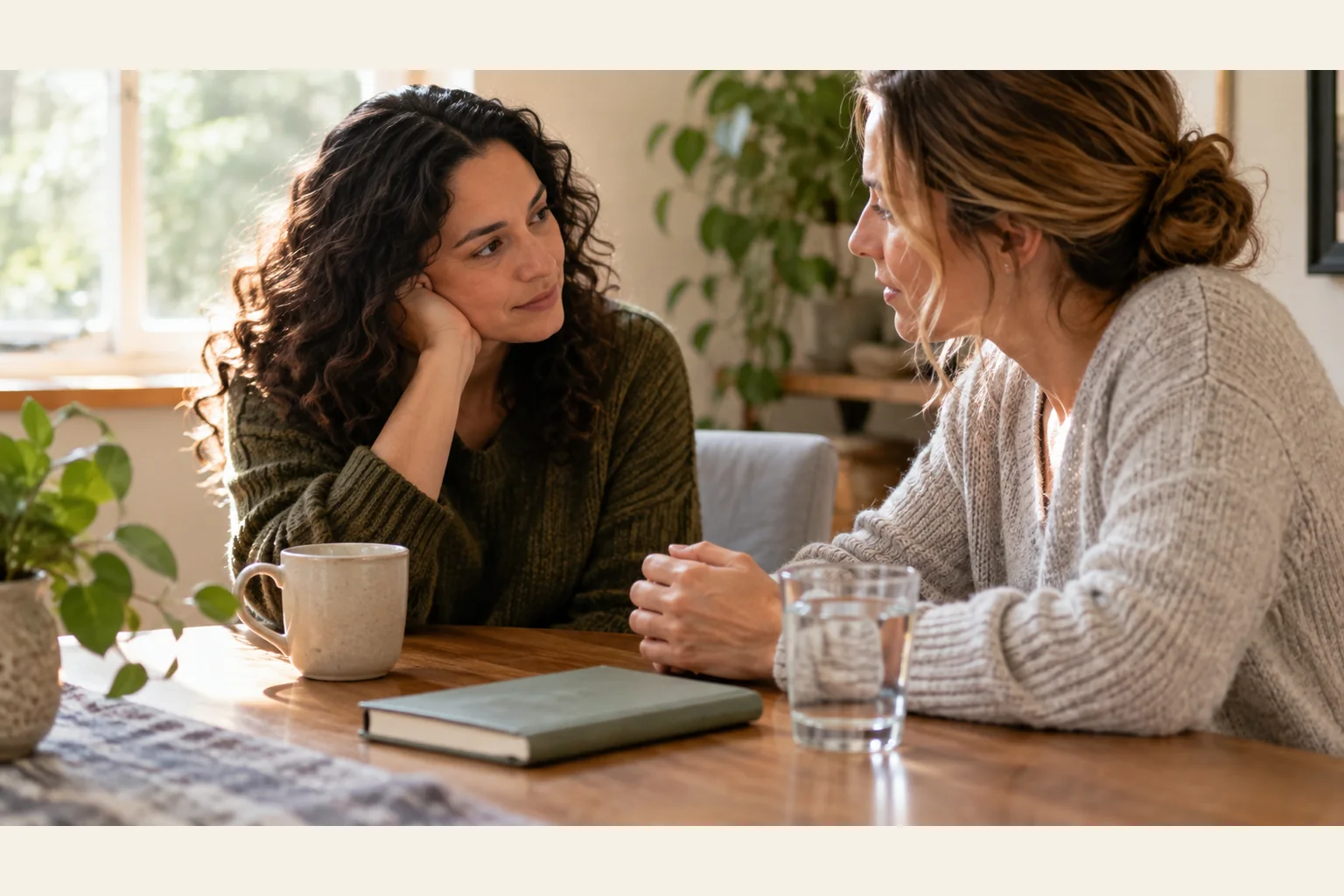 Two Women Having a Quiet Conversation at a Table Two women talk across a wooden table with a closed book, a ceramic mug and a glass of water in a sunlit room.