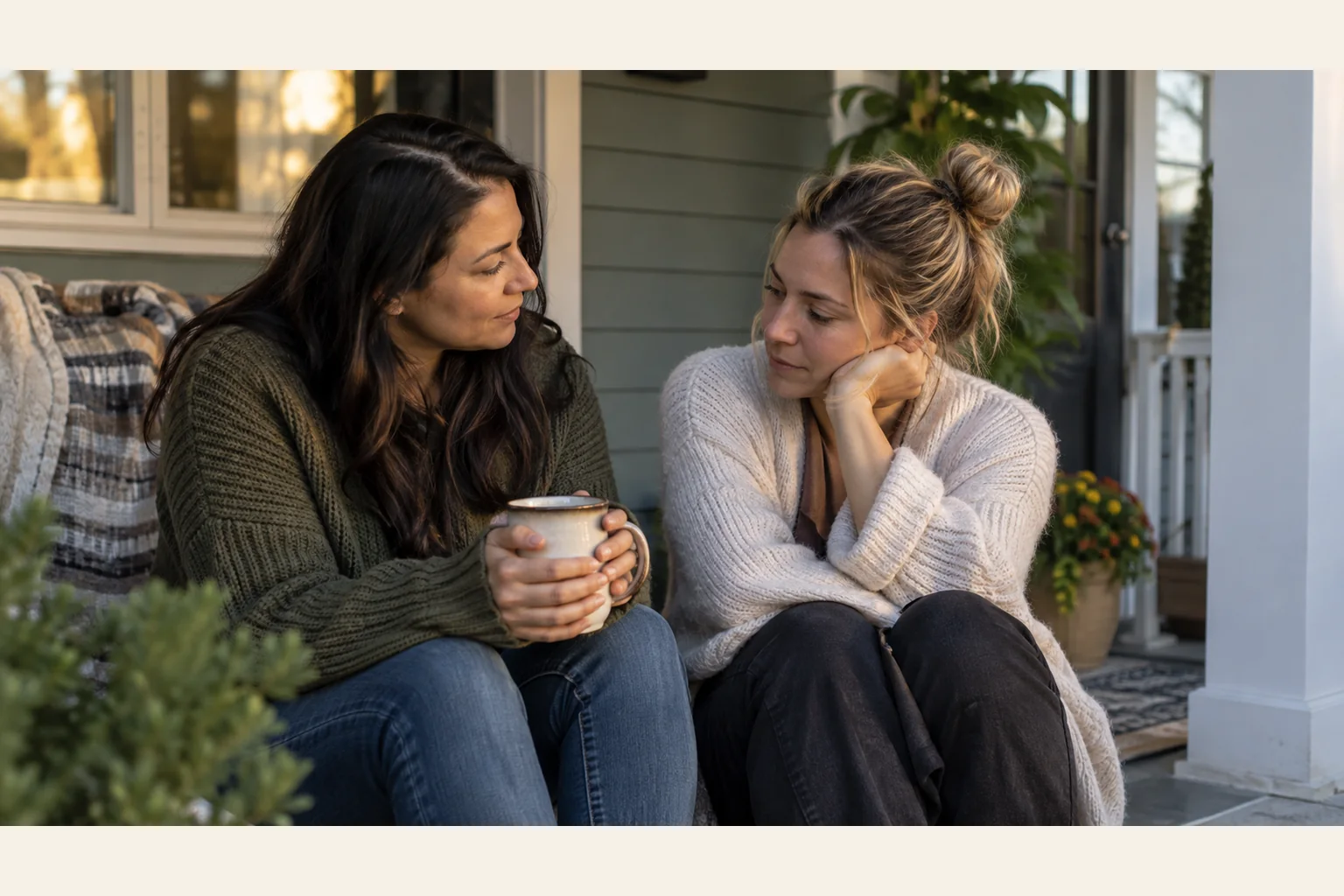 Two Women Sharing a Quiet Moment on a Porch Two women sit close together on a porch, one holding a mug while the other rests her cheek on her hand and looks toward her.