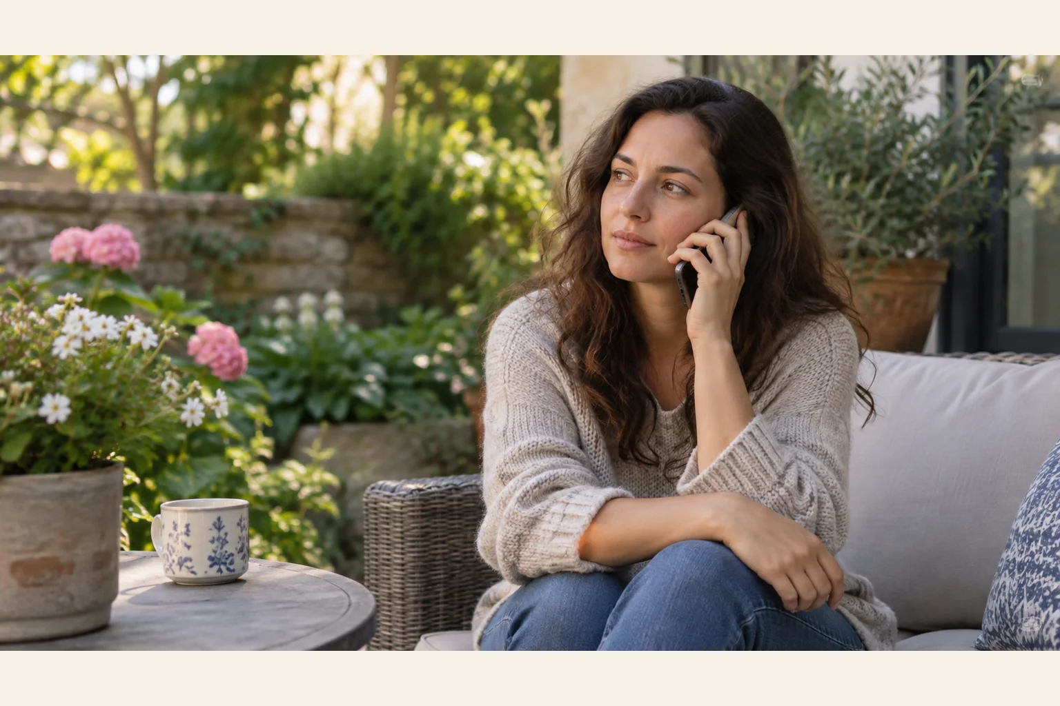 Woman Taking a Phone Call in a Garden Sitting Area A woman in a gray sweater and jeans holds a phone to her ear while seated on a cushioned garden sofa beside flowers.