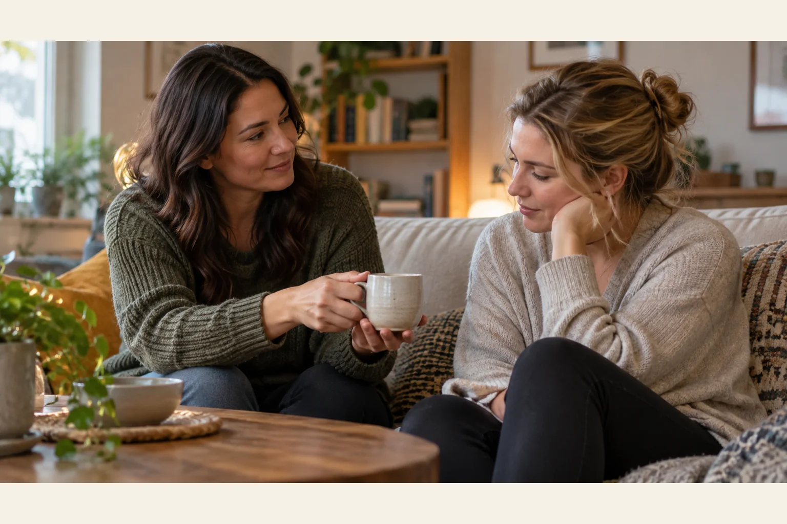 Two Women Sharing a Quiet Moment on a Sofa Two women sit on a sofa; one holds a plain mug toward the other, who rests her cheek on her hand beside a wooden table.
