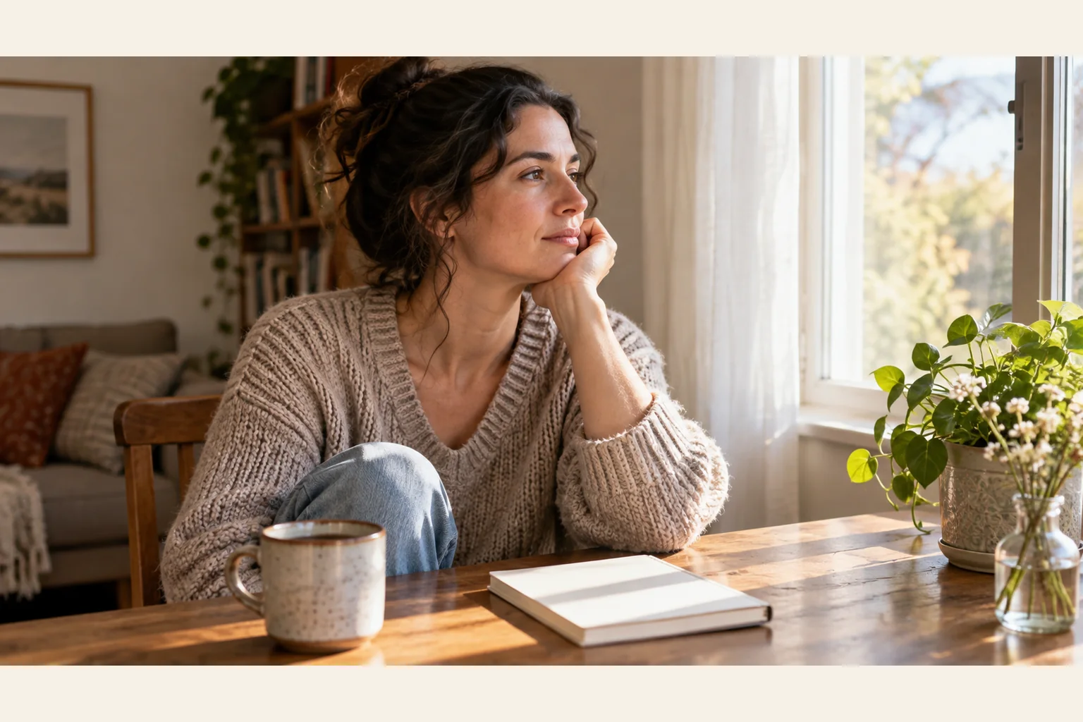 Woman Reflecting Beside a Sunlit Window A woman rests her chin on her hand beside a sunlit window, with a closed notebook, ceramic mug, and plants on the wooden table.