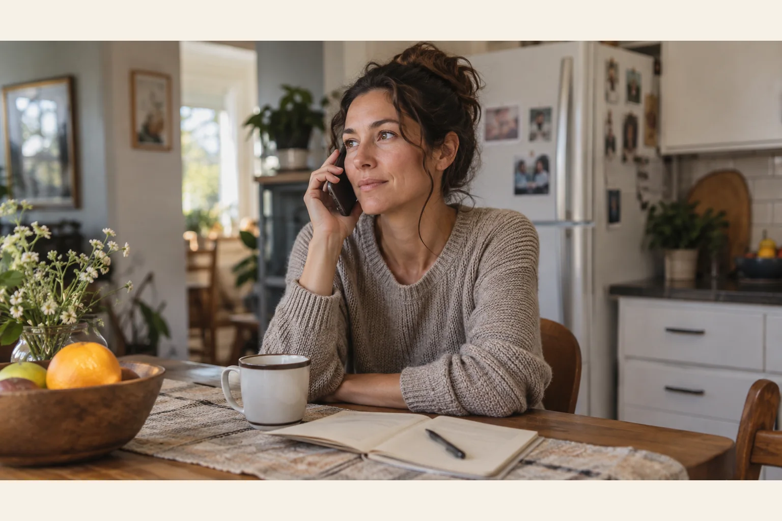 Woman Taking a Phone Call at a Kitchen Table A woman in a knit sweater holds a phone to her ear at a kitchen table with a mug, open notebook, pen, and fruit bowl.