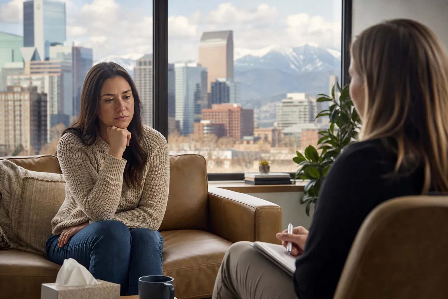 Counseling Session With City and Mountain Views A woman sits on a tan sofa facing a counselor holding a pen and notebook, with city buildings and mountains outside.