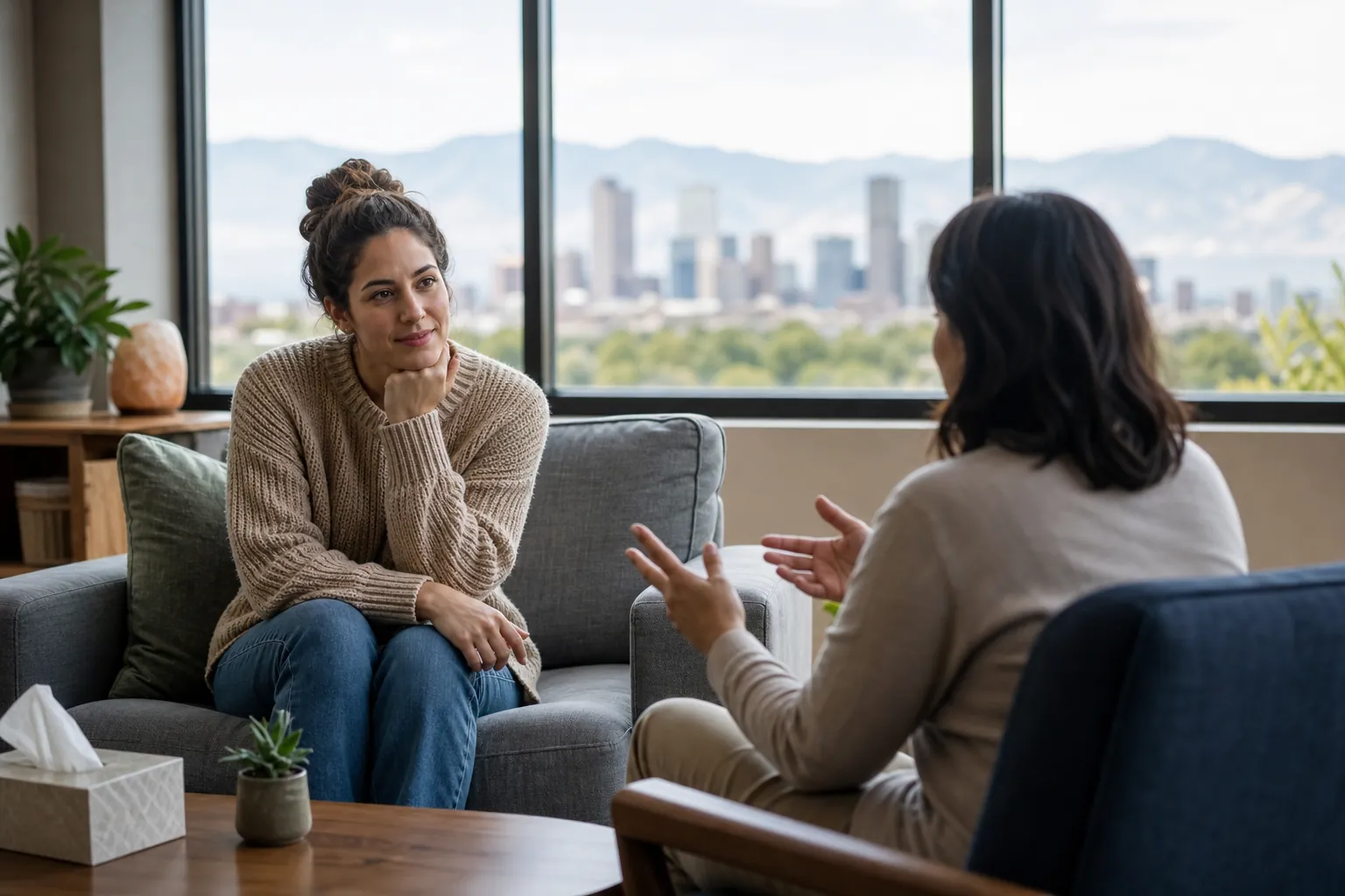Two Women Talking in a Counseling Setting Two women sit facing each other in a counseling setting, with tissues on a table and city and mountain views through windows.