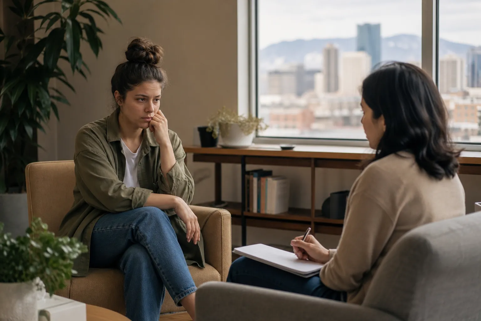 Mental Health Assessment in a Sunlit Office A woman sits with her hand against her cheek across from a clinician holding a pen over a notebook in a sunlit office.