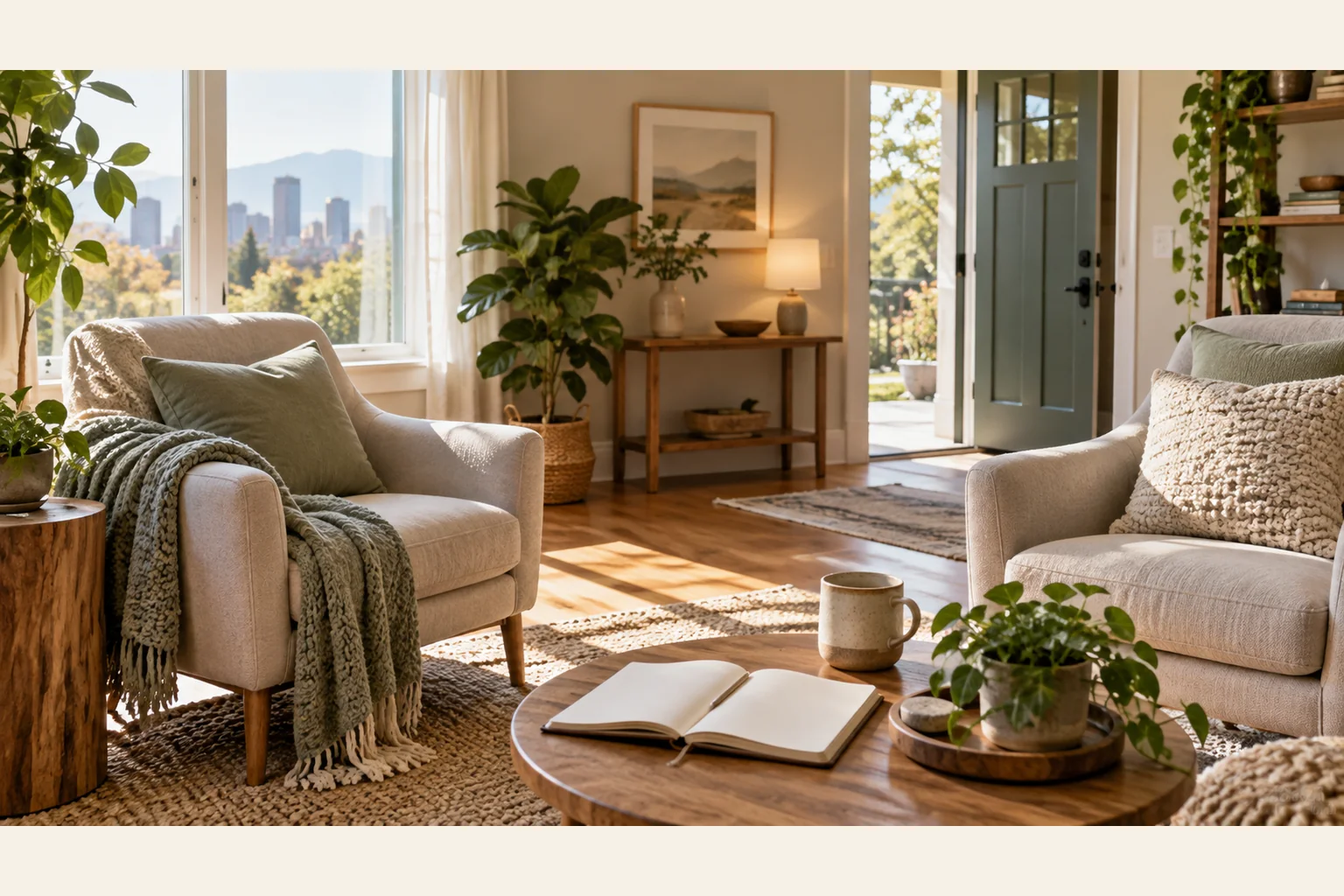 Sunlit Living Room With Plants and Armchairs Sunlit living room with two armchairs, plants, an open notebook and mug on a wooden table, and a distant city skyline.