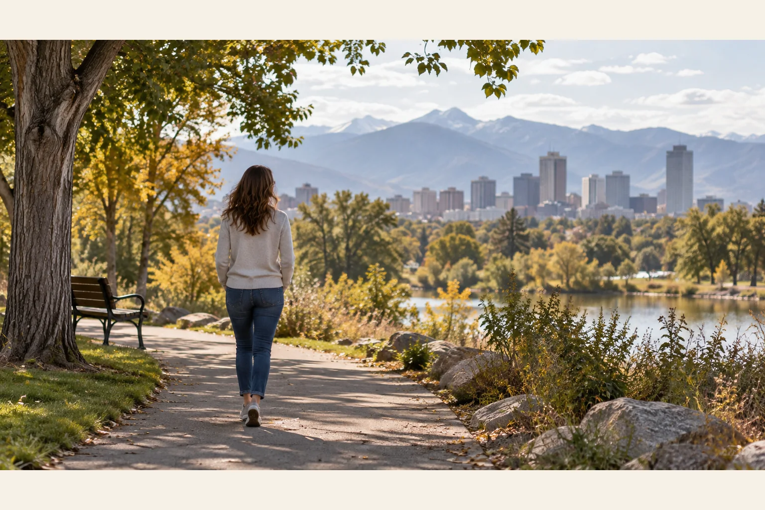 Woman Walking on a Lakeside Path With Mountain Views A woman walks along a lakeside park path beneath autumn trees, with a city skyline and mountains in the distance.