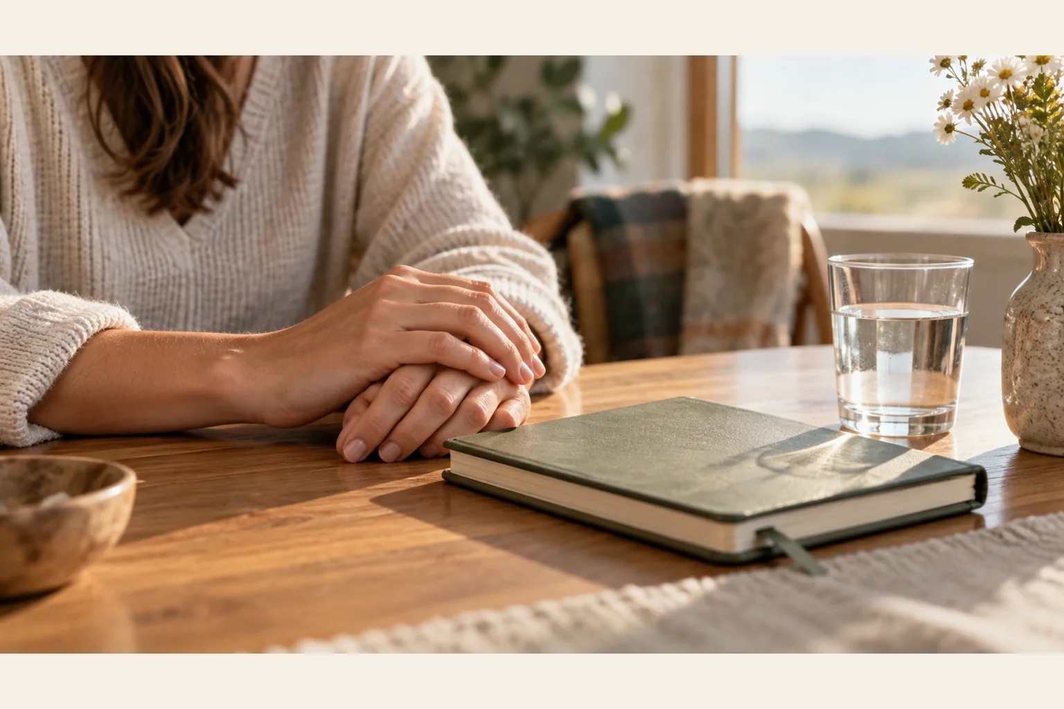 Quiet Table Setting With Resting Hands and a Notebook A person in a cream sweater rests overlapping hands on a wooden table beside a closed notebook, water glass, and flowers.