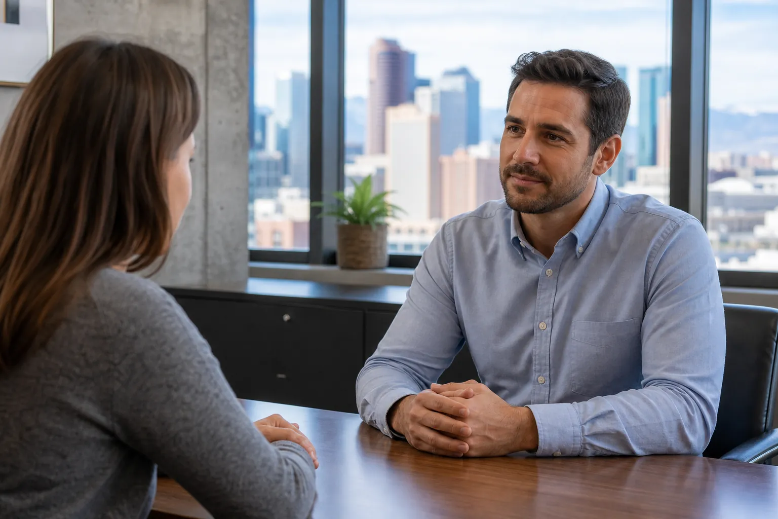 Two People Having a Conversation at an Office Table A man in a blue shirt listens to a woman across an office table, with large windows overlooking a city skyline.