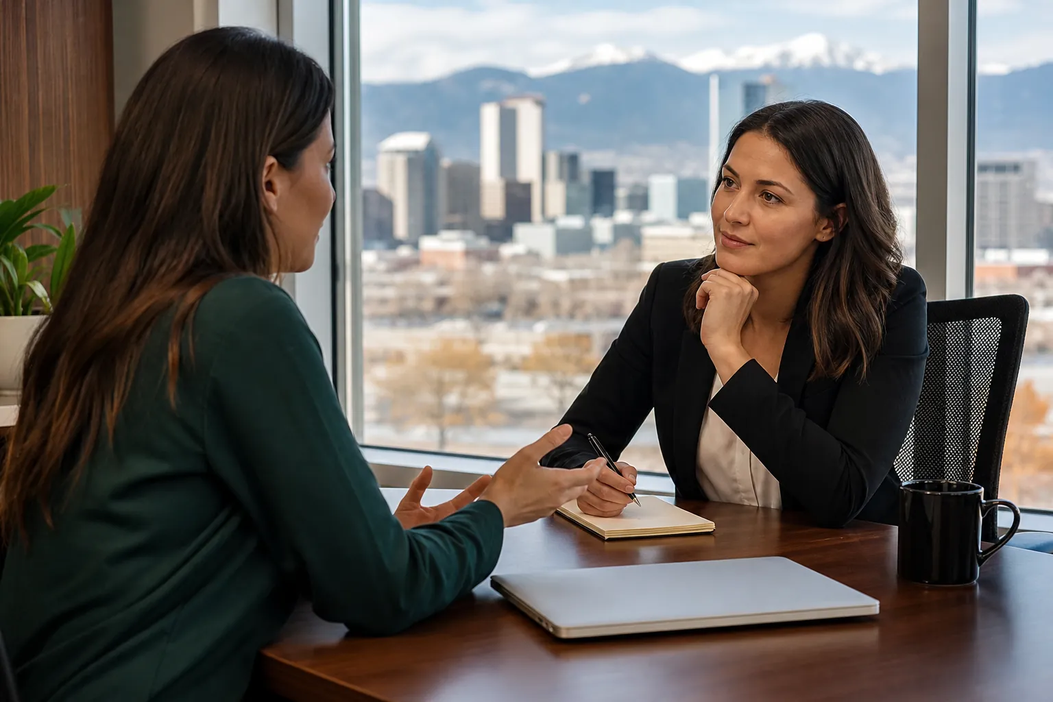 Two Women Discussing Matters at an Office Desk Two women talk across an office desk, one holding a pen over a notebook, with a city skyline and mountains behind them.