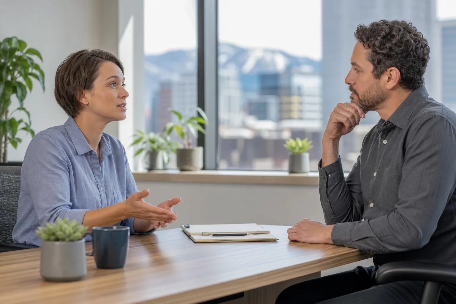Two Colleagues Having an Office Conversation A woman gestures while talking to a man across an office table with a clipboard, mug, and potted plants.