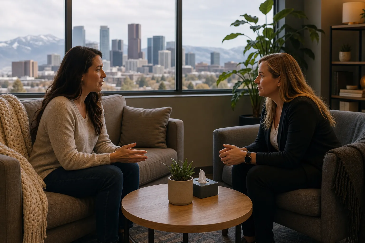 Two Women Talking in a Comfortable Office Two women sit facing each other in a comfortable office with tissues on a table and city buildings and mountains outside.