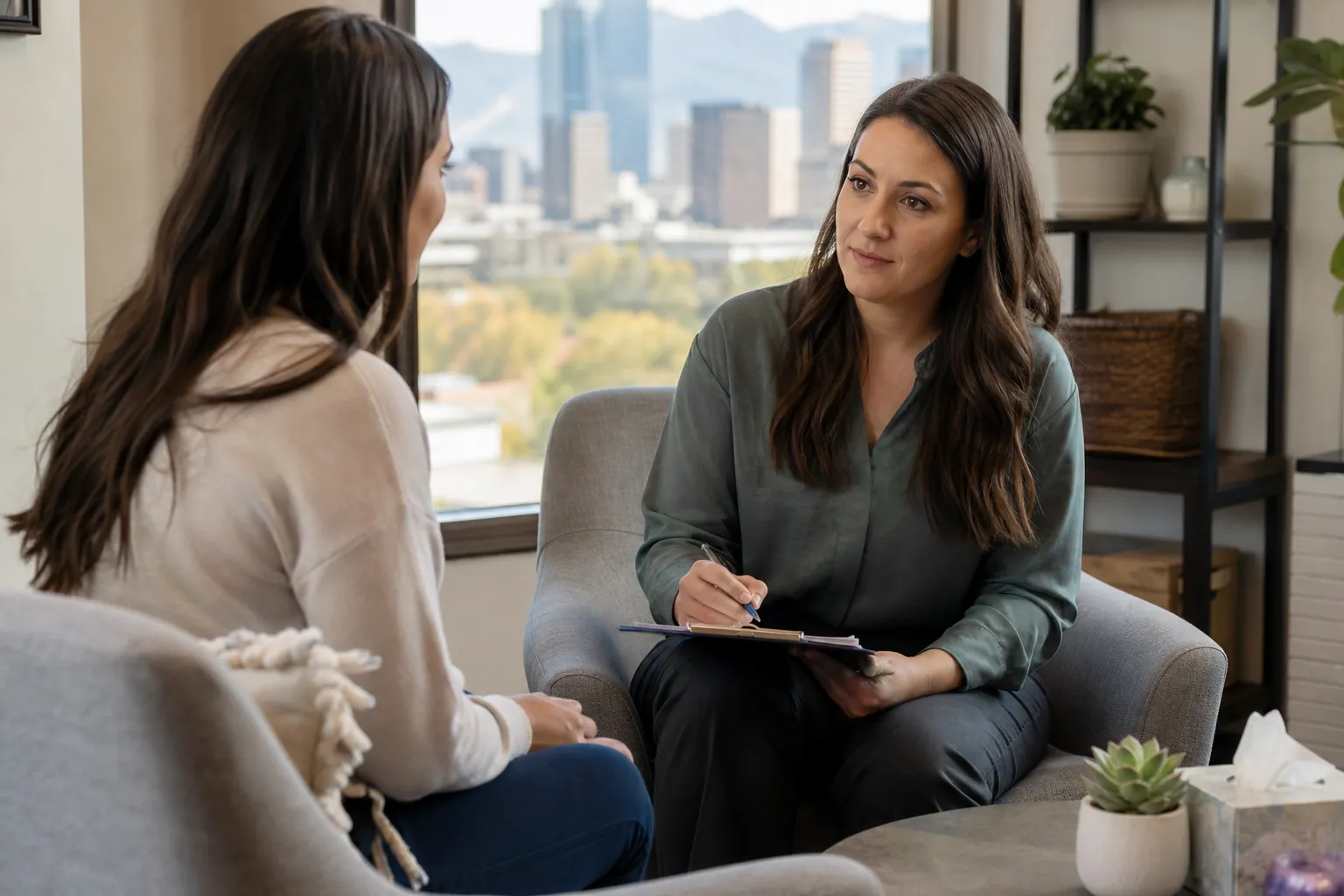 Two Women in an Office Consultation Two women sit facing each other in an office, one holding a pen and clipboard, with a city skyline visible through the window.
