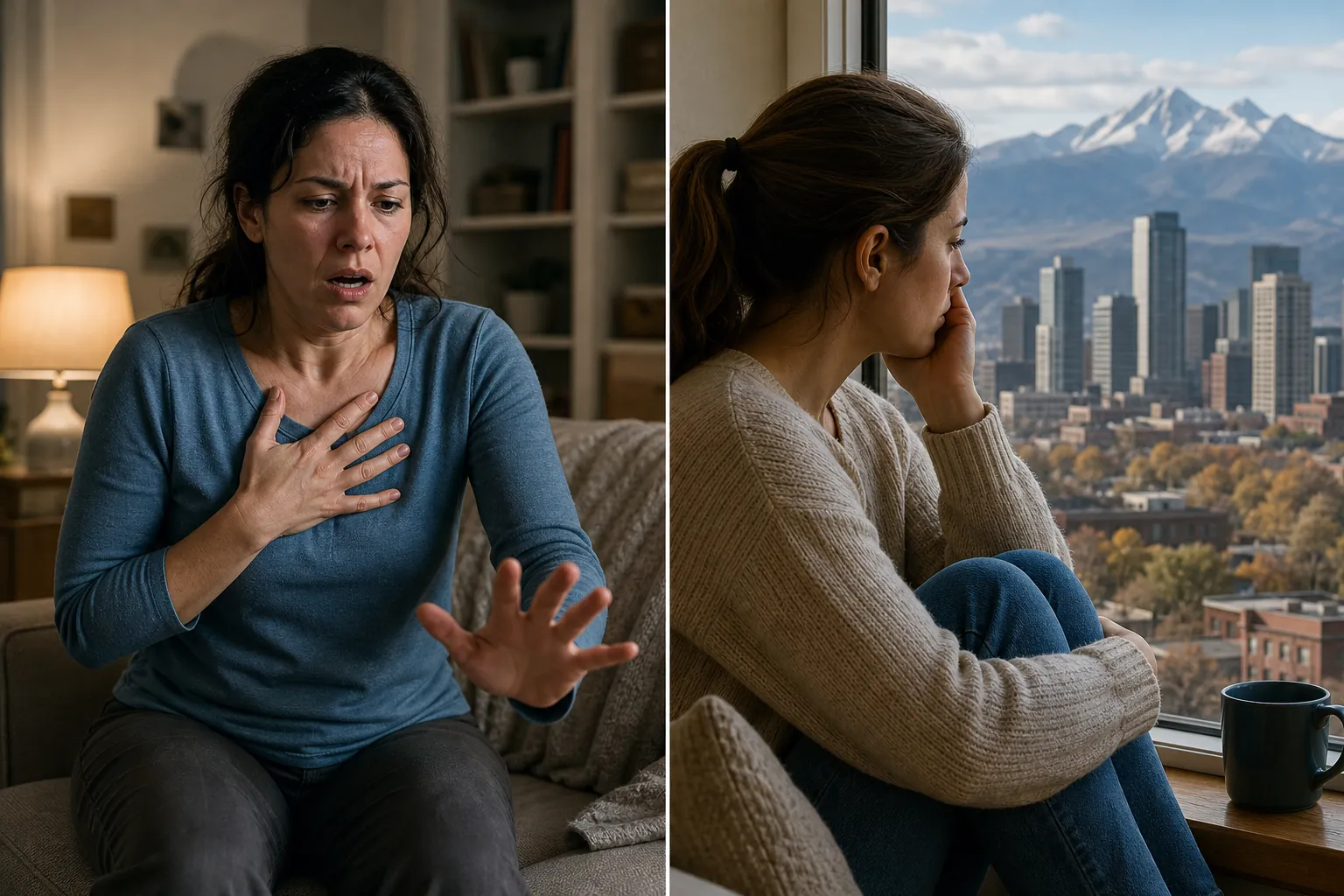 Split view of a distressed woman clutching her chest and a pensive woman beside a window overlooking a city and mountains.
