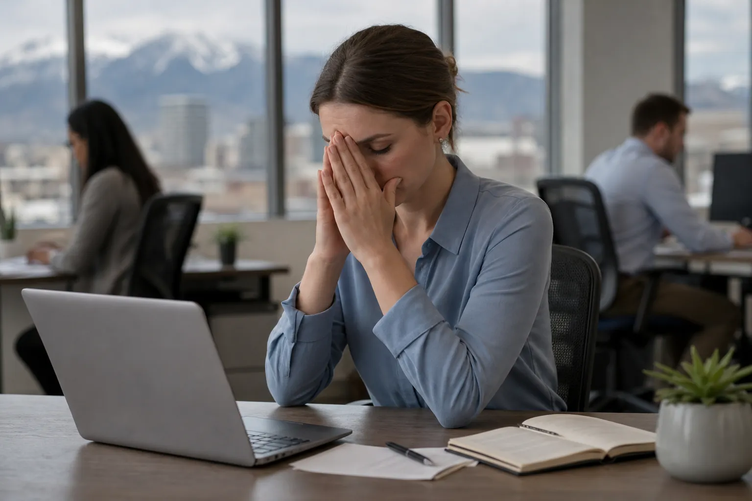 Woman Holding Her Hands to Her Face at an Office Desk A woman sits at an office desk with her eyes closed and hands pressed to her face, beside a laptop and open notebook.