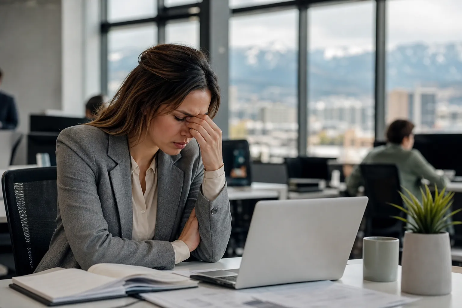 Woman Showing Distress at Her Office Desk A woman in a gray blazer pinches the bridge of her nose at an office desk with a laptop, papers, a mug, and a plant.