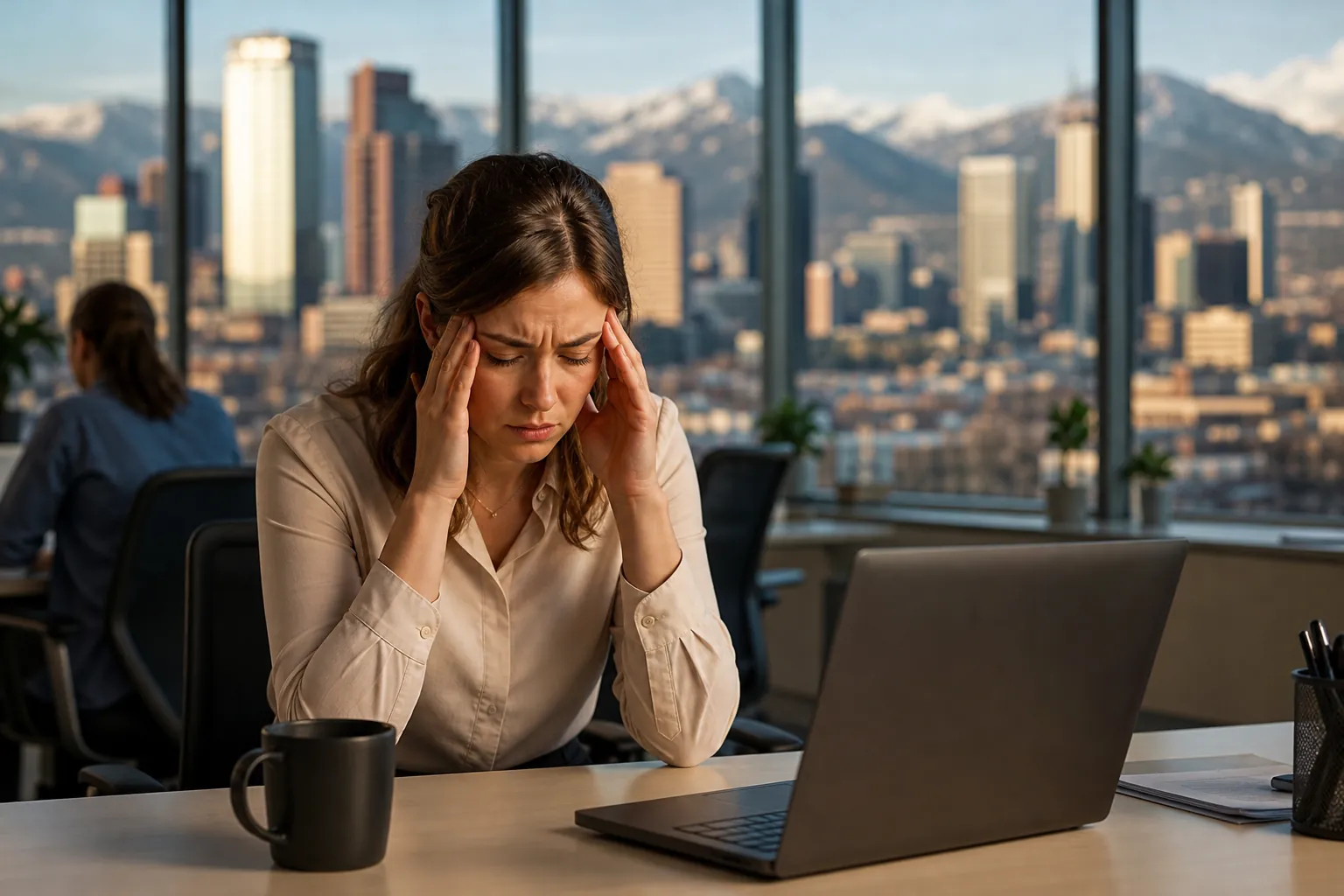 Woman Holding Her Temples at an Office Desk A woman presses her fingers to her temples at an office desk with a laptop, with a coworker and city skyline behind her.