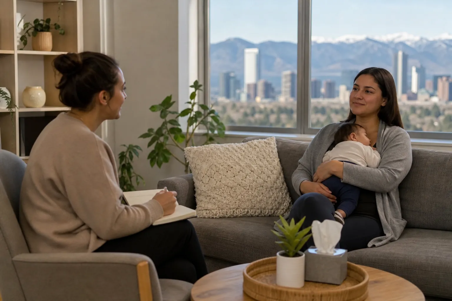 Mother and Baby at a Support Consultation A mother cradles her baby on a sofa while speaking with a woman holding a notebook, with city buildings and mountains outside.