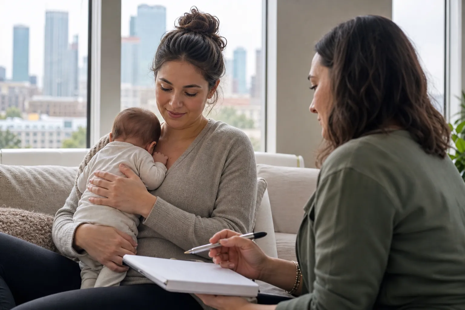 Mother and Baby During a Seated Consultation A mother cradles her baby on a sofa while another woman sits beside her holding a pen and an open notebook.