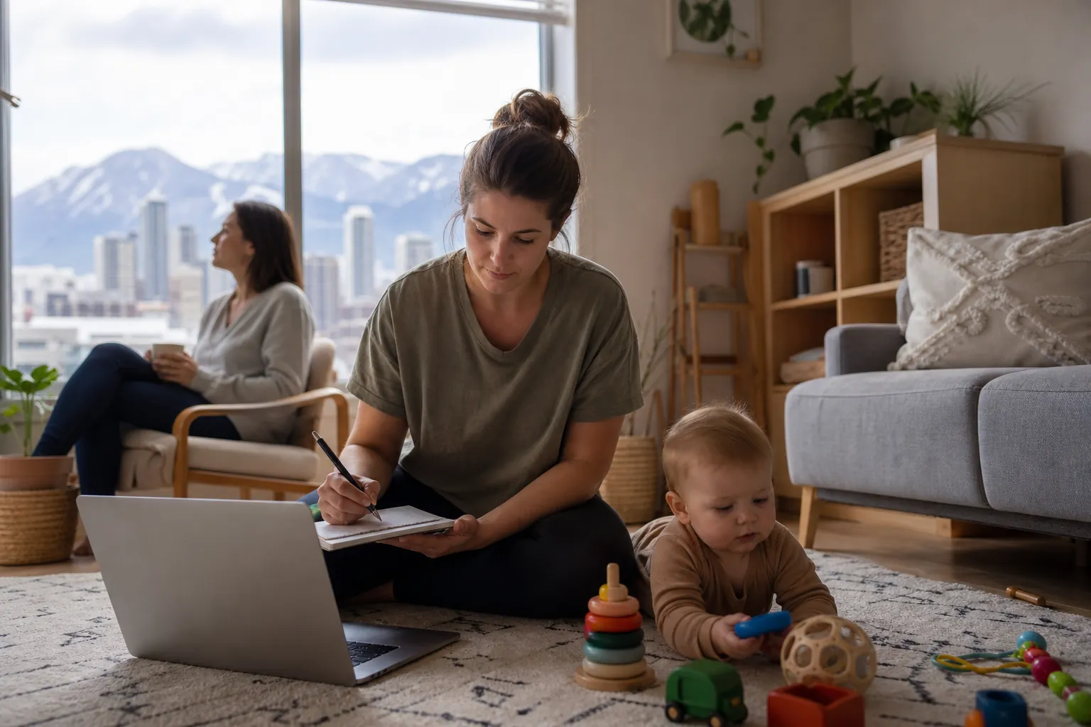 Mother Taking Notes Beside a Baby Playing With Toys A woman writes in a notebook beside an open laptop while a baby plays with toys and another woman sits nearby.