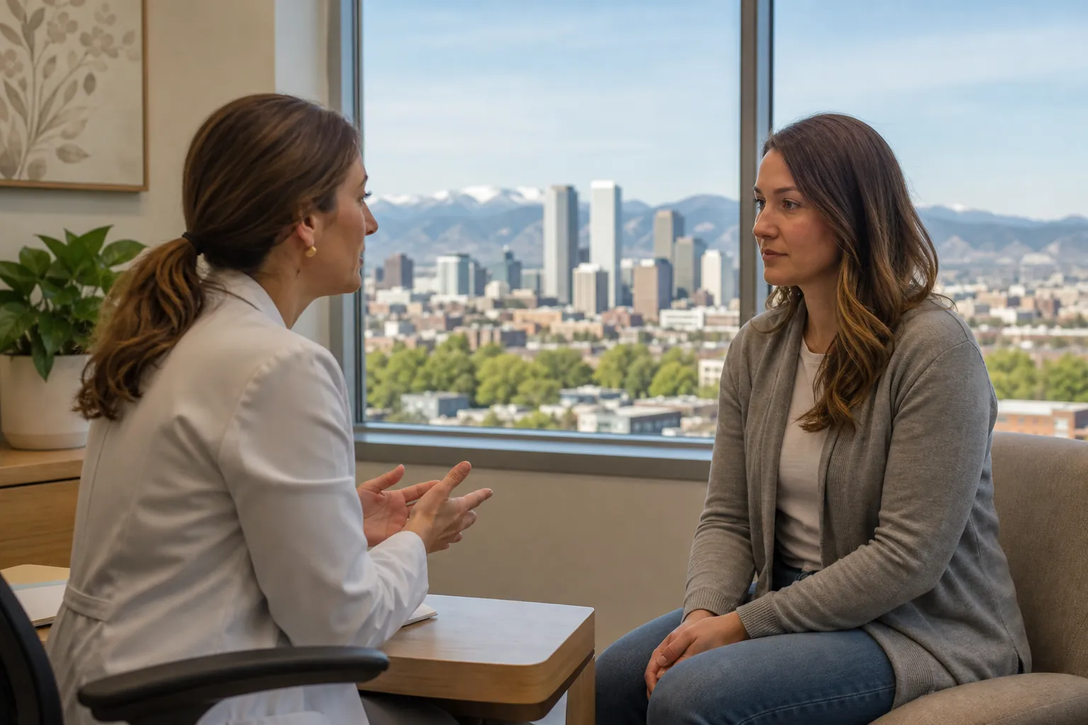 Woman Consulting a Clinician in a Medical Office A female clinician in a white coat talks with a seated woman in an office overlooking a city skyline and mountains.