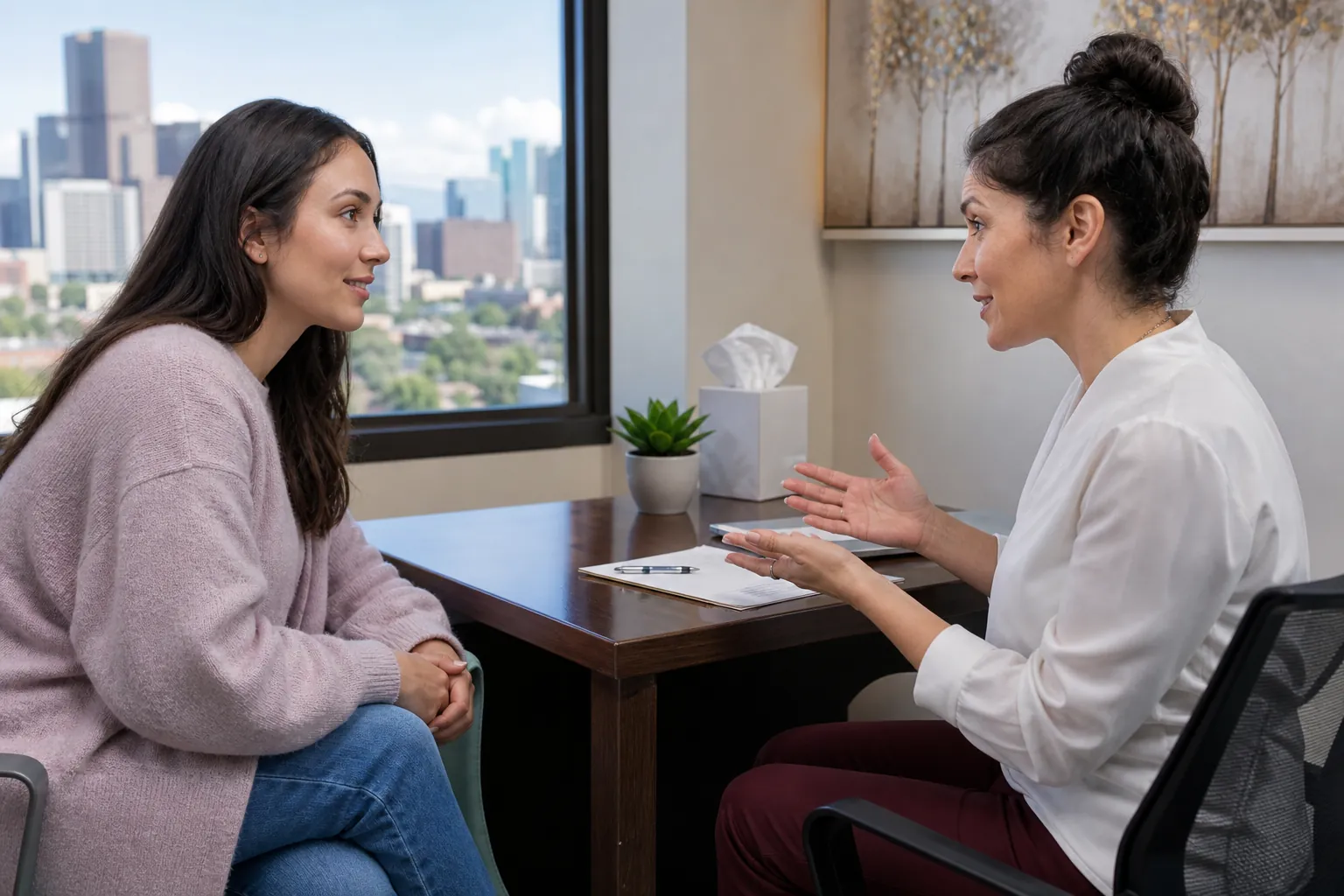 Woman and Healthcare Professional Discuss Care A woman in a white coat gestures while speaking with a seated woman across a desk with a clipboard and pen.