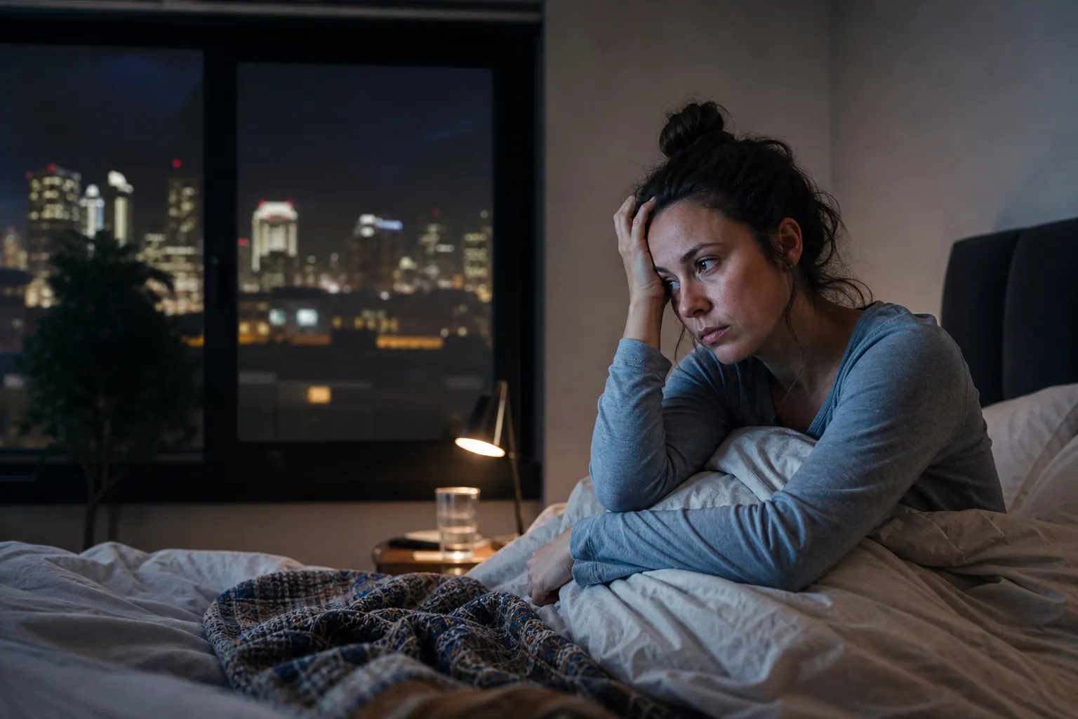 Woman Sitting Awake in Bed at Night A woman sits awake in bed at night, resting her head in one hand beside a lit lamp and a window overlooking city lights.