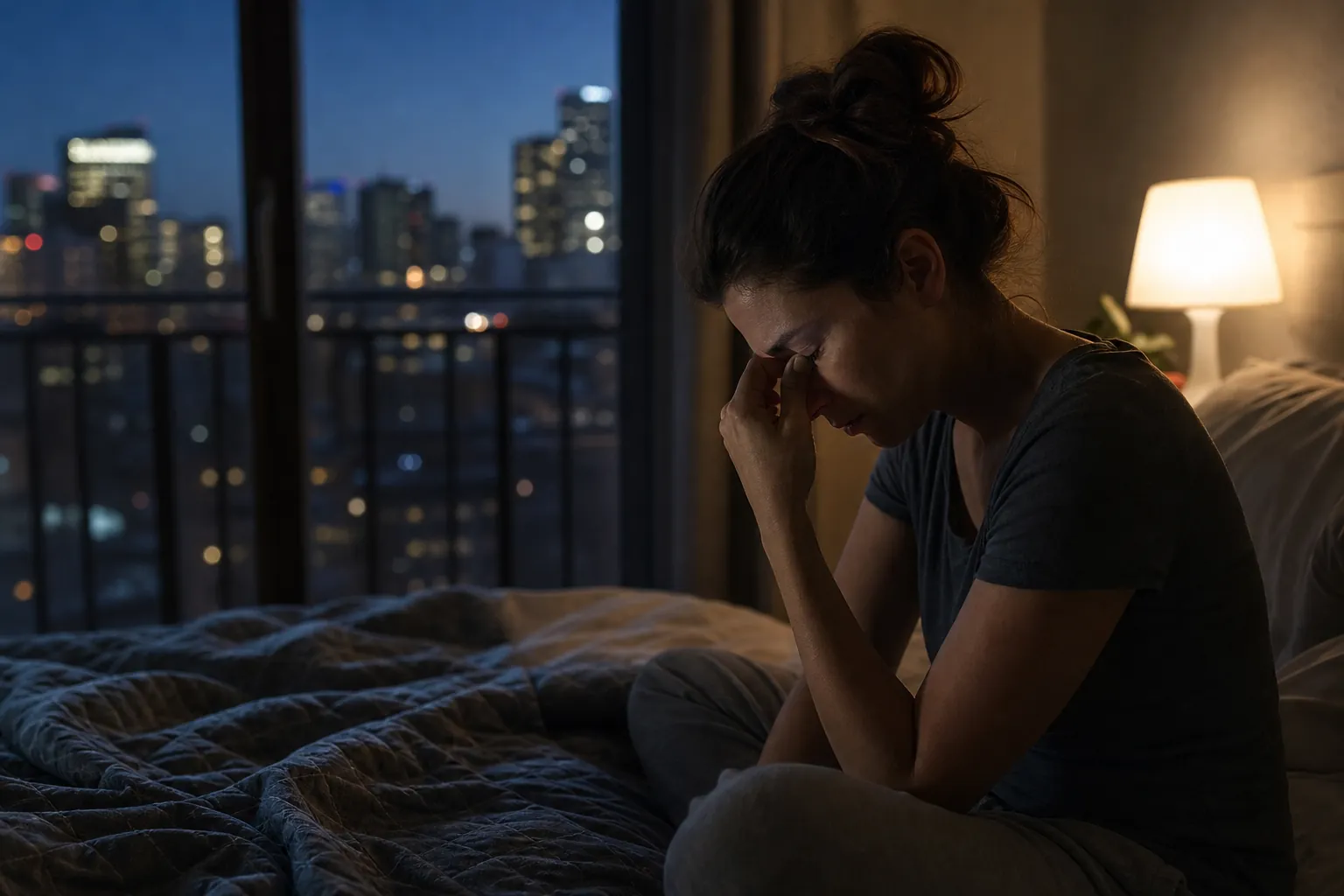 Woman Sitting Awake on a Bed at Night A woman sits hunched on an unmade bed at night, pressing her fingers to her brow beside a lit lamp and city-facing window.