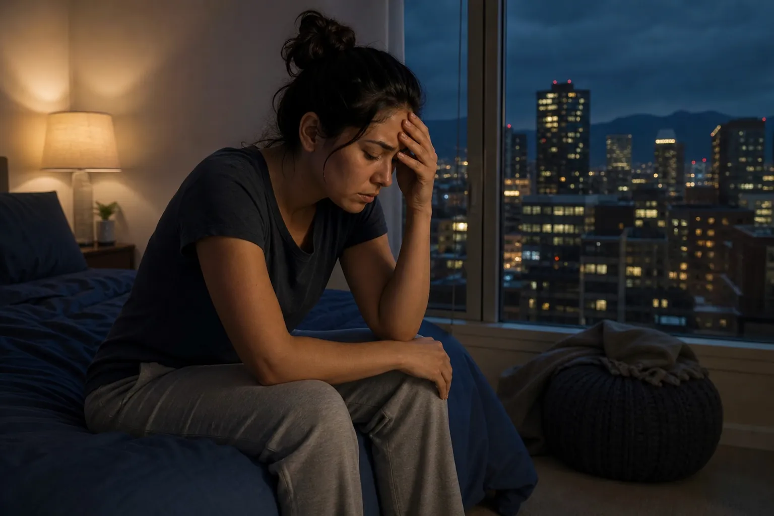 Distressed Woman Sitting on a Bed at Night A woman sits hunched on the edge of a bed with one hand on her forehead, beside a window overlooking city lights at night.