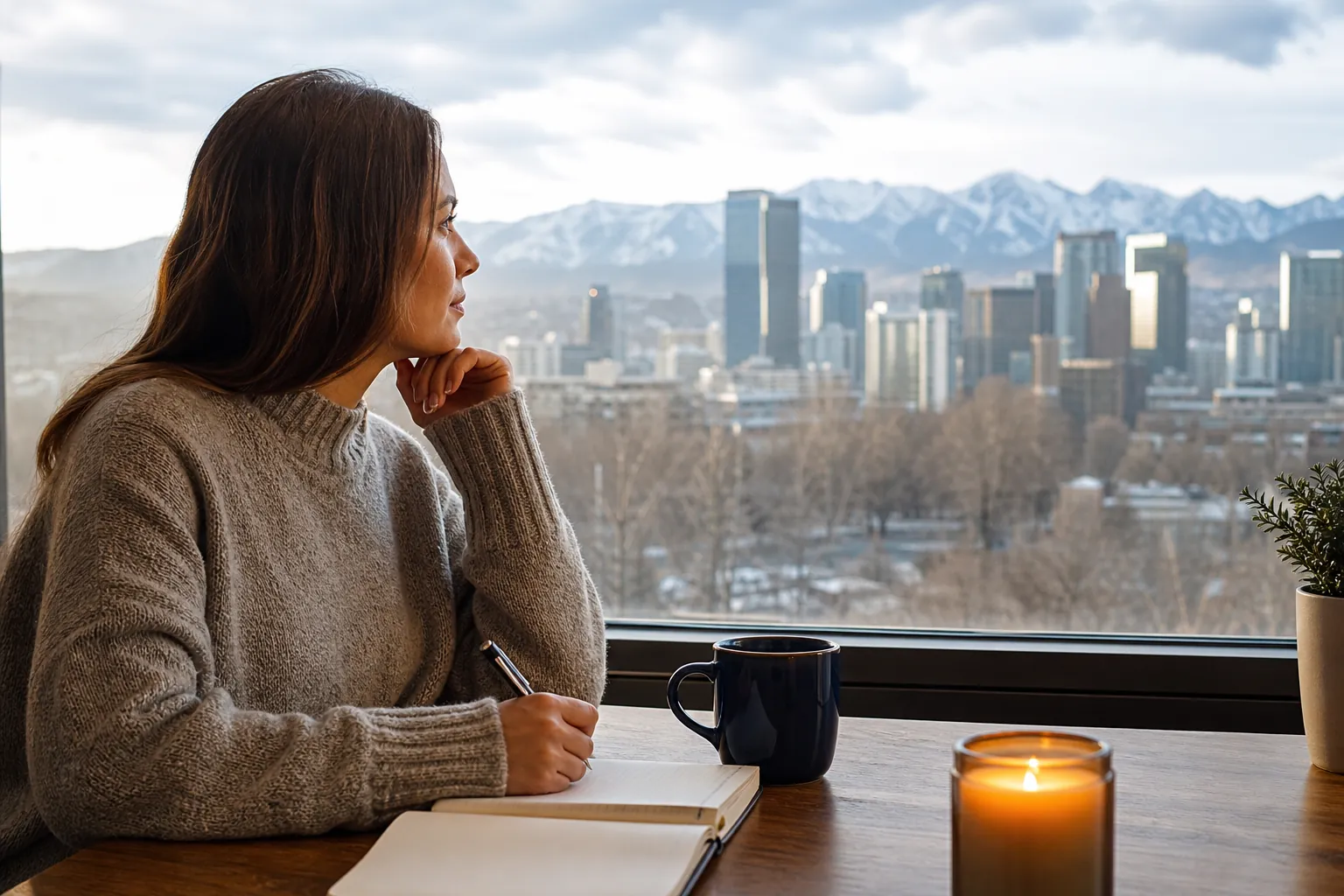 Quiet Journaling With a City and Mountain View A woman holds a pen over an open notebook beside a mug and lit candle, gazing toward a city skyline and snowy mountains.