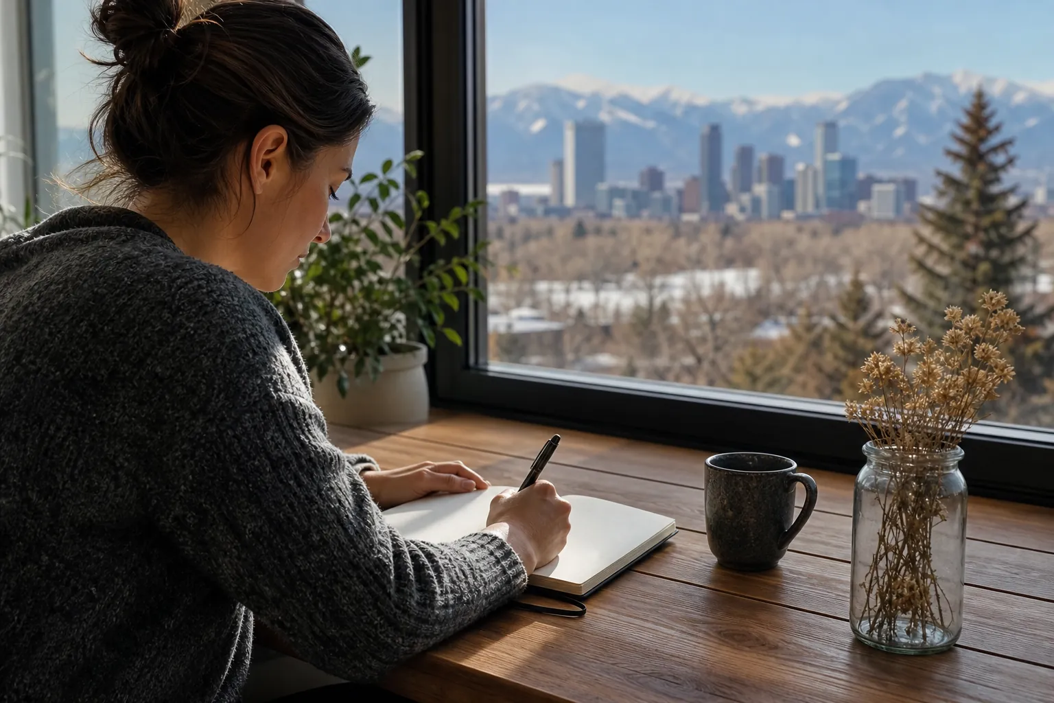 Journaling Beside a Window With Mountain Views A woman writes in an open notebook at a wooden desk beside a window overlooking a city skyline and snowy mountains.