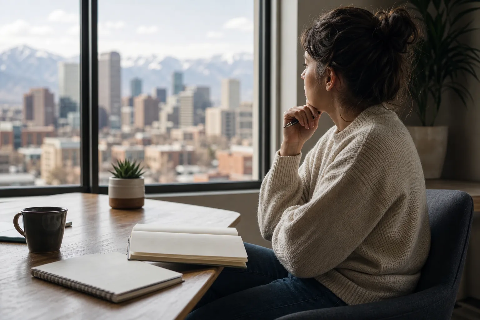 Woman Reflecting Beside a Notebook and Mountain View A woman holding a pen sits beside an open notebook, gazing through a window at a city skyline and snowy mountains.