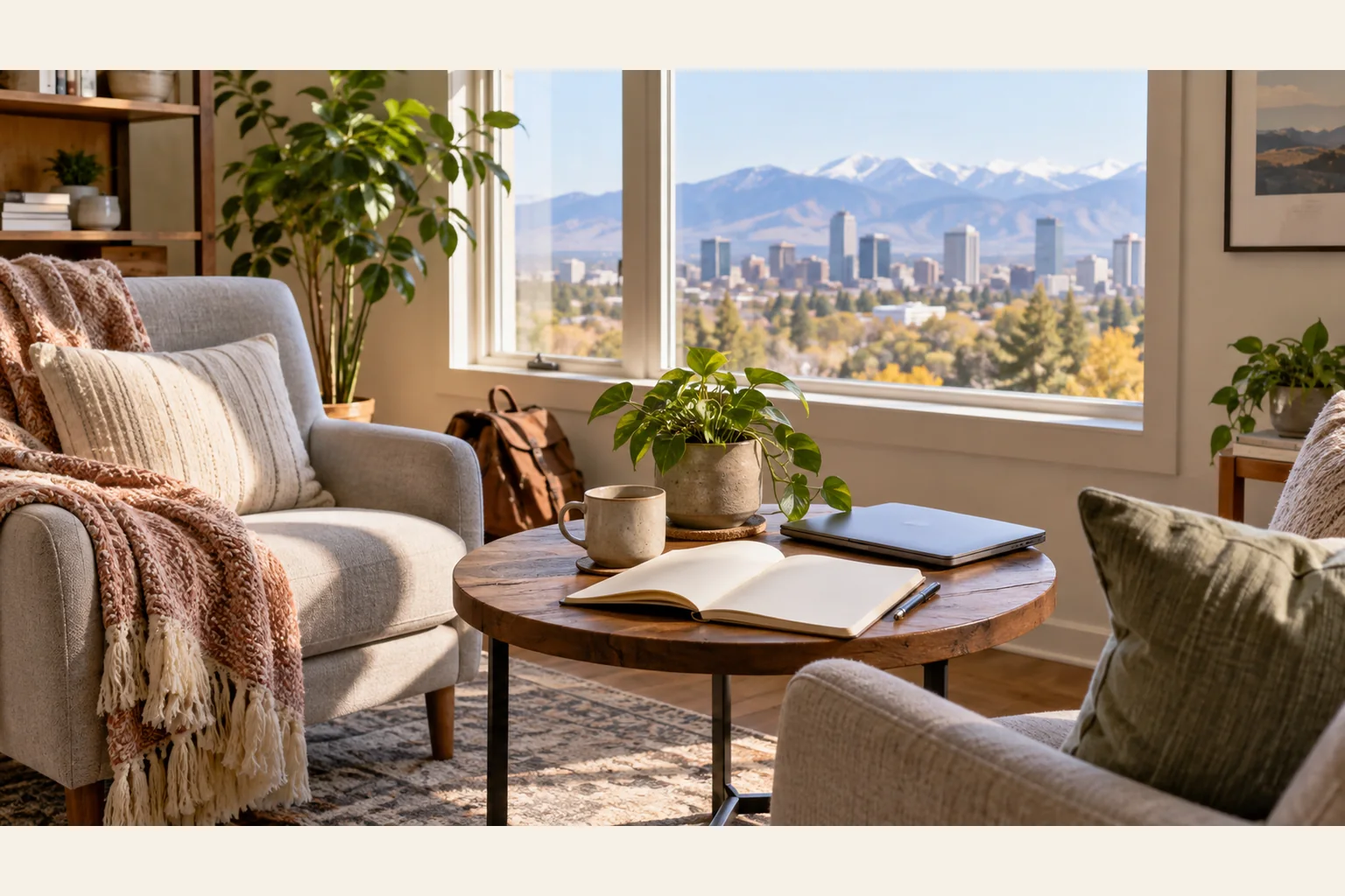 Illustrative scene: Quiet Sitting Area With Notebook and Laptop Illustrative scene: Two armchairs flank a round table with an open notebook, closed laptop, mug and plant, overlooking a skyline and mountains.