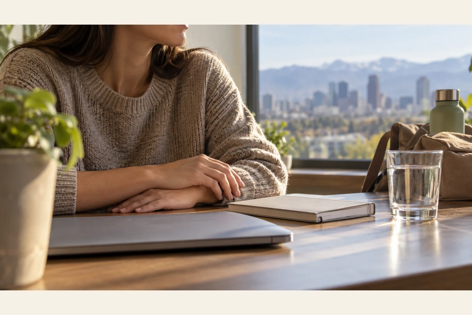 Illustrative scene: Woman at a Table Overlooking a City and Mountains Illustrative scene: A woman sits at a table with a closed laptop, notebook and water glass, overlooking a city skyline and mountains.