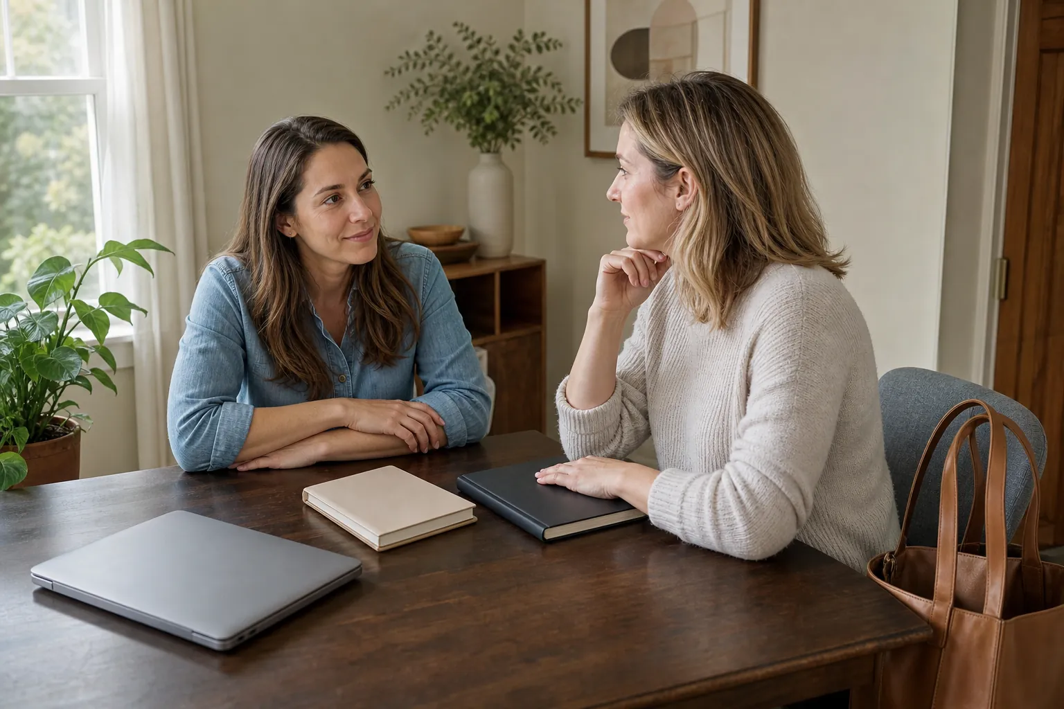 Illustrative scene: Two Women Talking at a Table With Notebooks Illustrative scene: Two women sit facing each other at a wooden table with a closed laptop, two notebooks, and a brown leather bag.