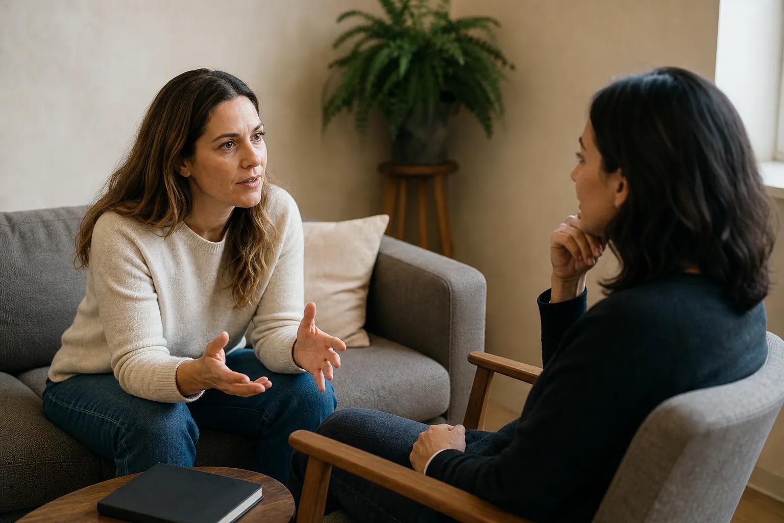 Illustrative scene: Two Women Having a Face-to-Face Conversation Illustrative scene: Two women sit facing each other in a living room, one gesturing with open hands while the other listens with a hand near her chin.