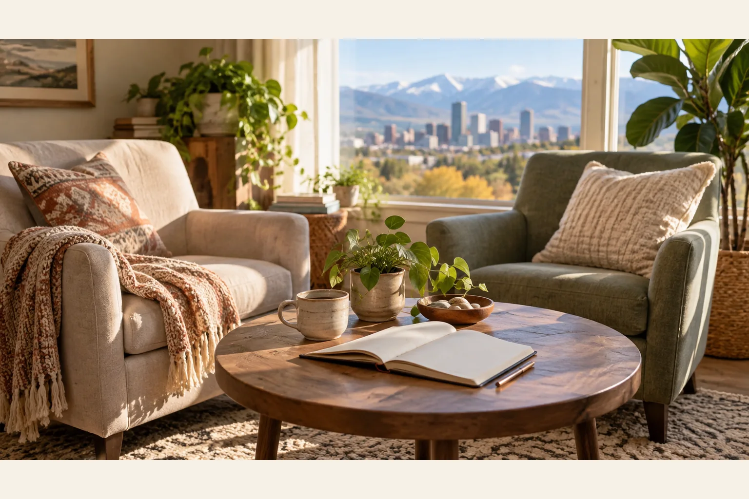 Illustrative scene: Cozy Sitting Area With City and Mountain Views Illustrative scene: Two cushioned armchairs flank a wooden table with an open notebook, mug, and plant, overlooking a city skyline and mountains.