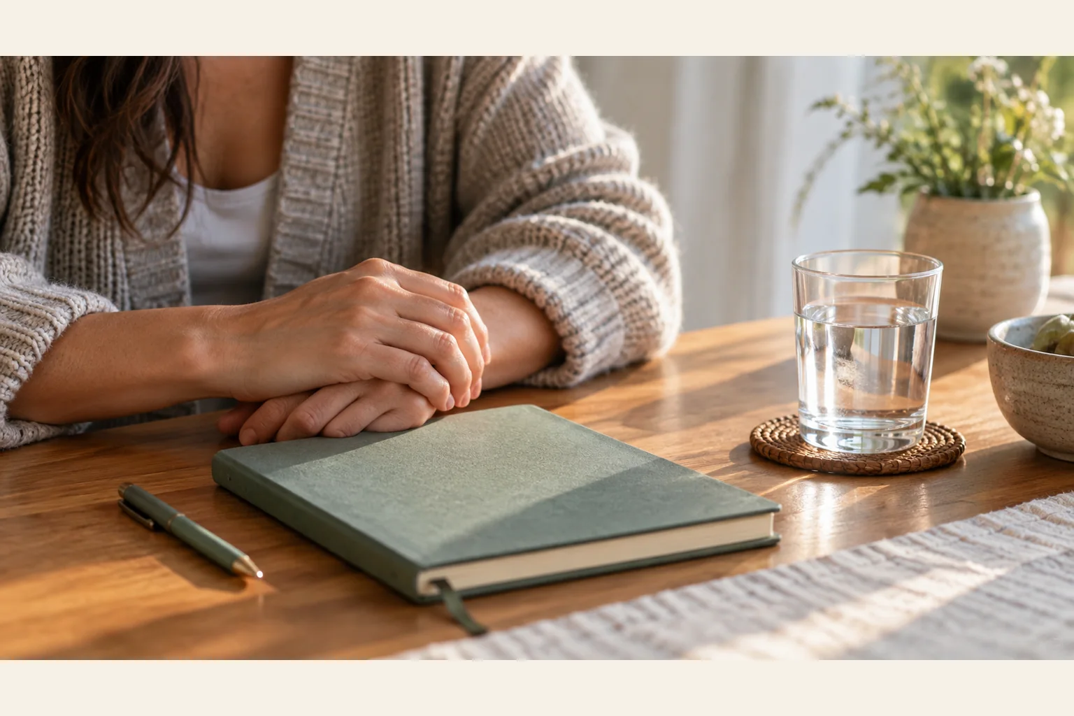 Illustrative scene: Quiet Moment With a Journal and Glass of Water Illustrative scene: A person in a knit cardigan rests clasped hands on a wooden table beside a closed journal, pen, and glass of water.
