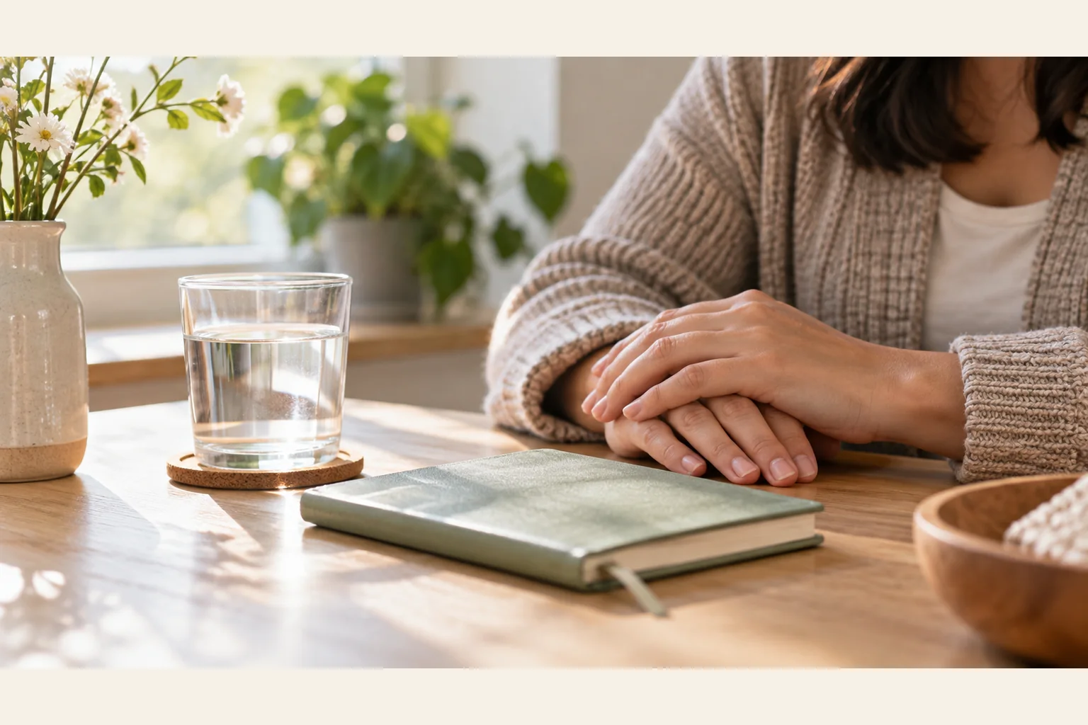 Illustrative scene: Quiet Moment at a Table With a Journal and Water Illustrative scene: A person in a knit cardigan rests overlapping hands on a wooden table beside a closed journal, water glass and flowers.