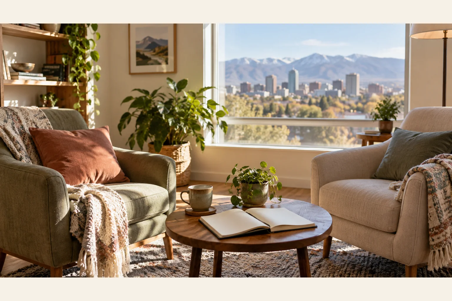 Illustrative scene: Quiet Seating Area with City and Mountain Views Illustrative scene: Two cushioned armchairs surround a wooden table with an open notebook, mug, and plant beside a window overlooking a city and mountains.