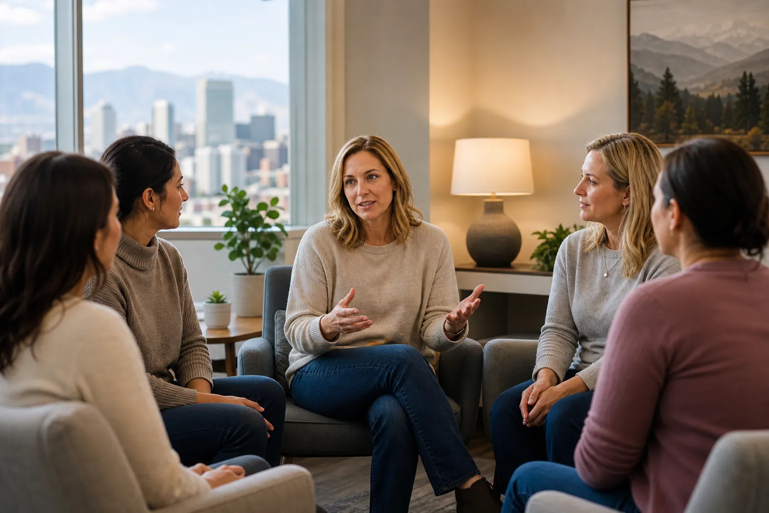 Women Practicing Communication in a Group Discussion Five women sit in a circle in a bright room, listening as the woman in the center speaks and gestures with both hands.