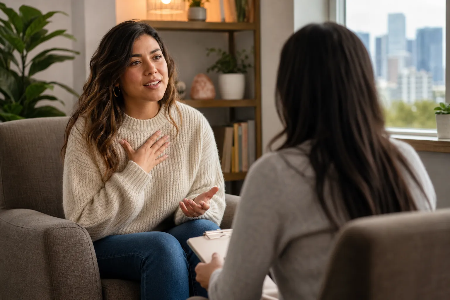 Woman Practicing Communication in a Therapy Setting A woman gestures with one hand on her chest while speaking to another woman holding a clipboard in a cozy office.