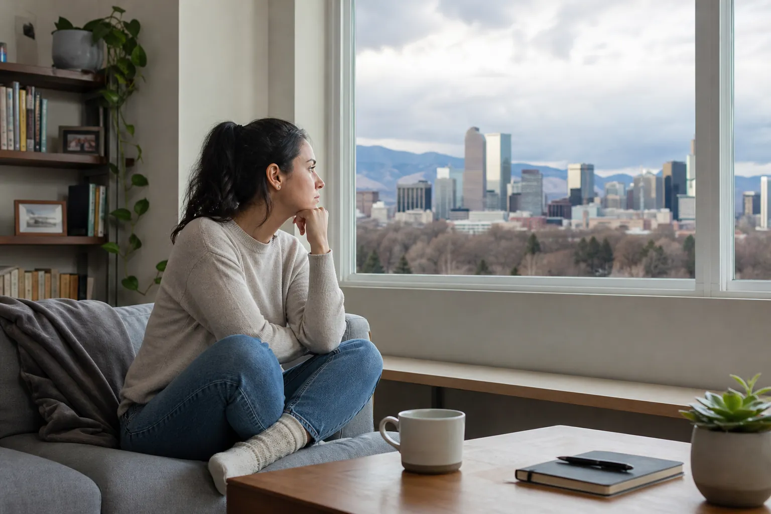 Thoughtful Woman Looking Out at a City Skyline A woman sits cross-legged on a gray sofa, resting her chin on her hand and looking out a large window at a city skyline.