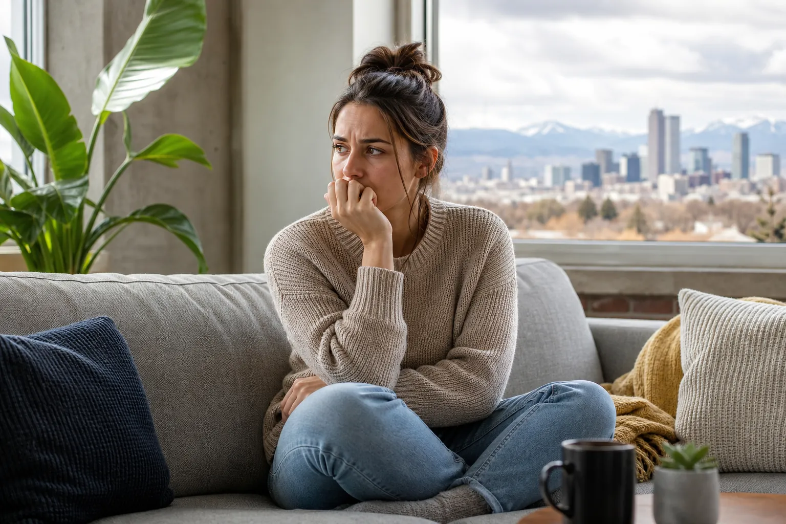 Worried Woman Sitting on a Sofa by a Window A worried-looking woman sits cross-legged on a gray sofa with her hand near her mouth, beside a window overlooking a city.
